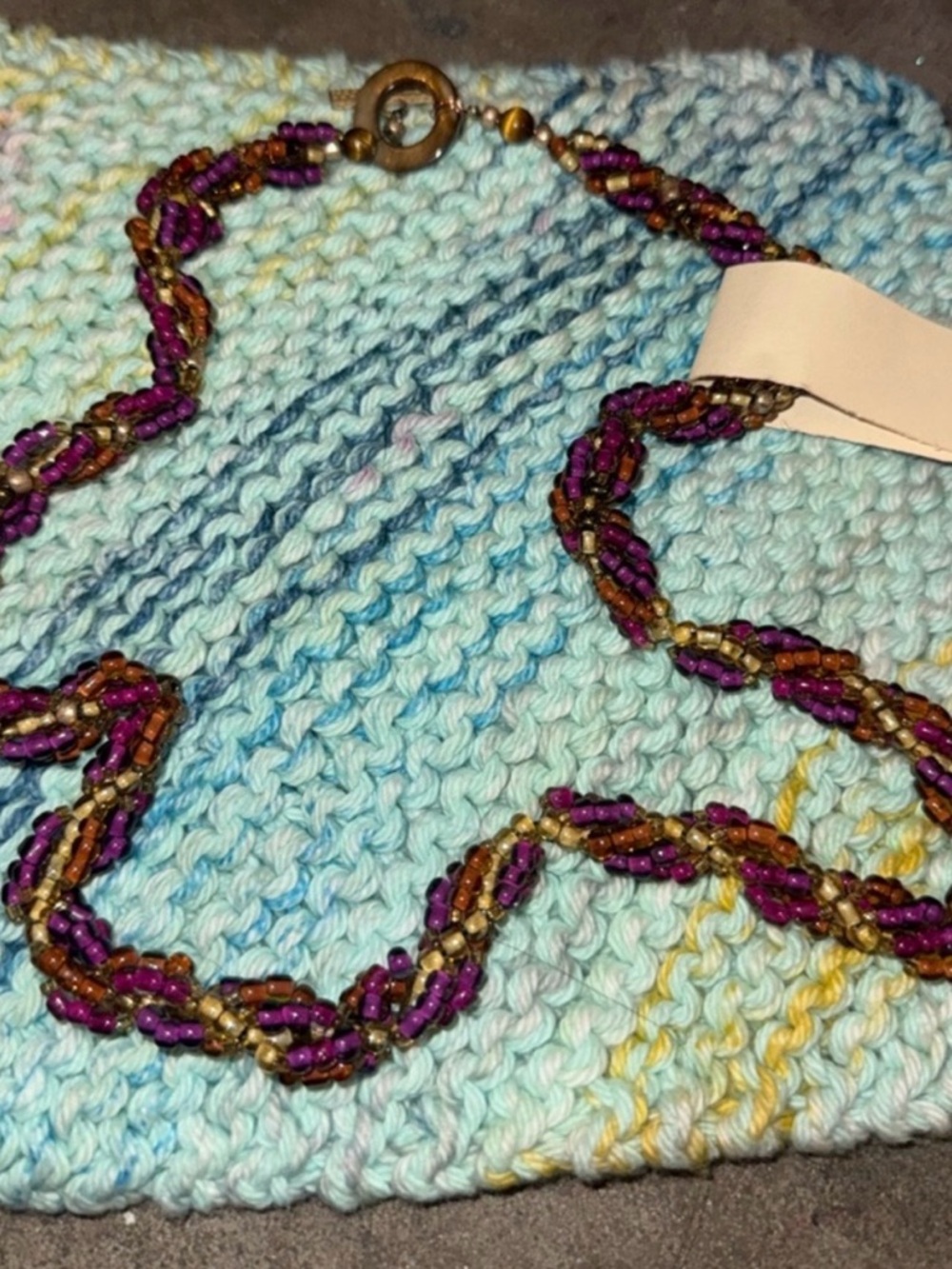 Handwoven Twisted Bead Necklace in Purple and Gold